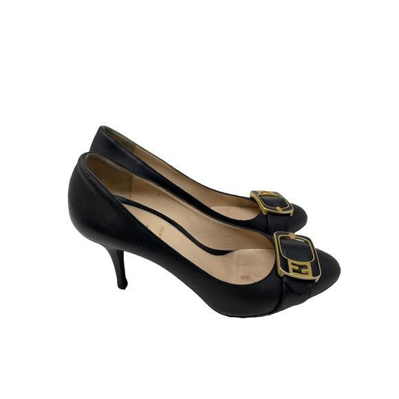 Fendi Womens Size 36.5 FF Buckle Pumps Heel Black Gold Leather Round Toe Slip On - Picture 4 of 12